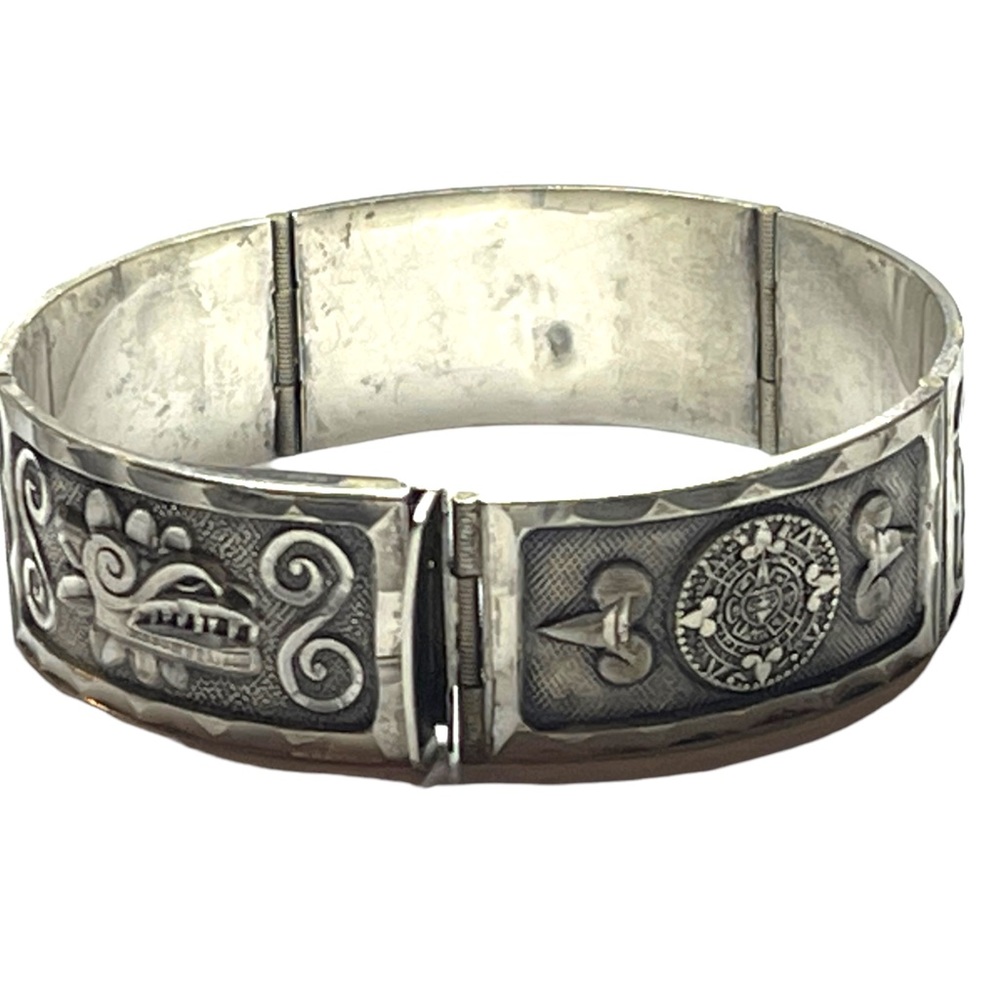 Vintage Mexico Bangle link bracelet Sterling Silver AZTEC Mayan dragon
